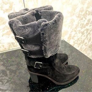 Johnston Murphy Women's Elegant Boots Sz 8 Black Suede RealFur Cuff Buckles Boho